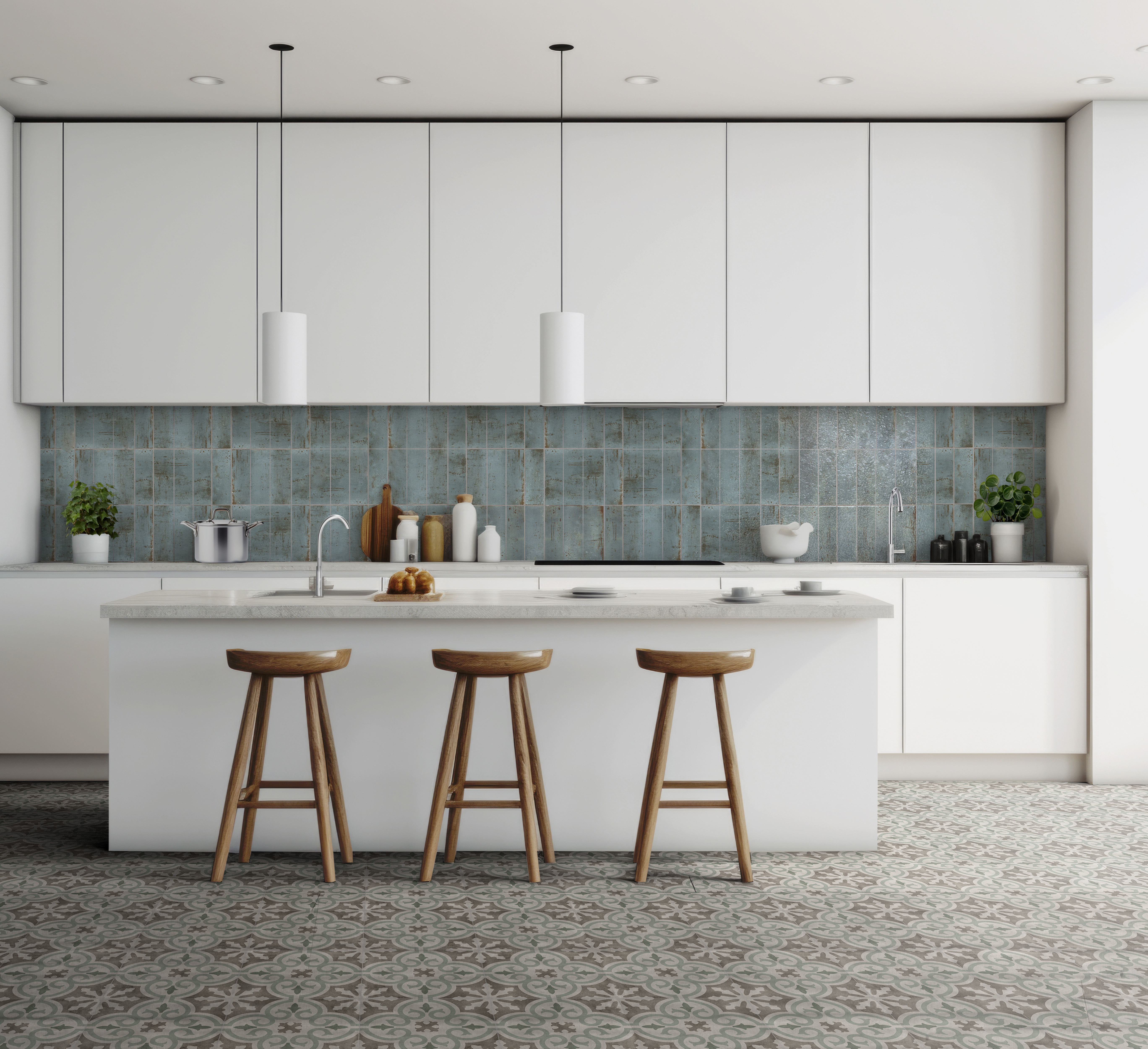 white modern kitchen with white walls, wooden floor and white co